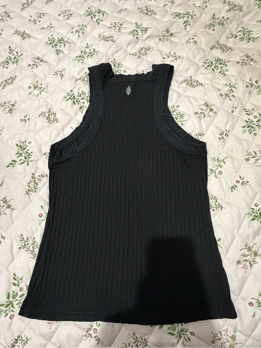 Free People Black Ribbed Muscle Tee with Small White Embellishment